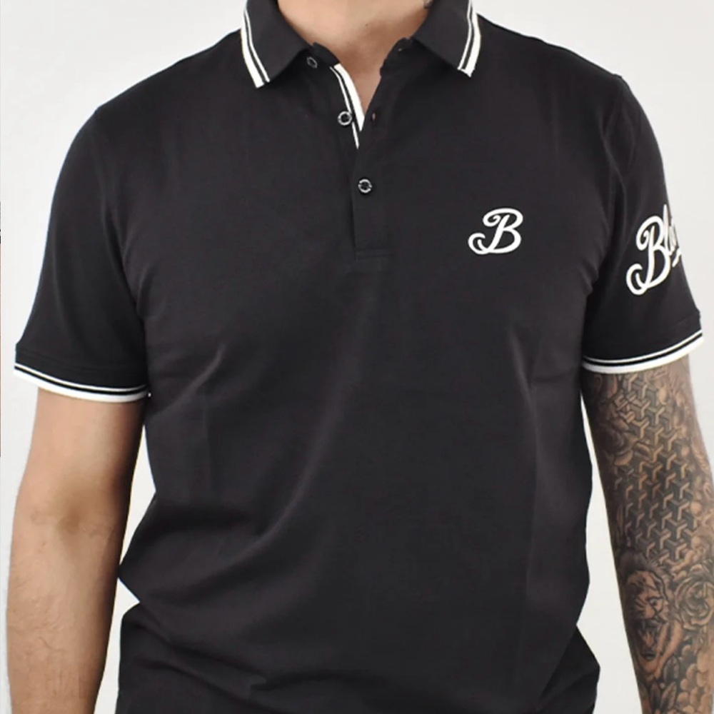 Black Polo Shirt with button Collar and White Trim